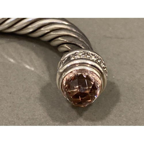 115 - David Yurman designer & morganite twisted silver bangle, 42.5G gross, (retails at £1000)