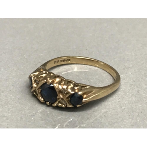 122 - 9ct yellow gold sapphire and diamond 3x4 ring size o1/2 3g gross