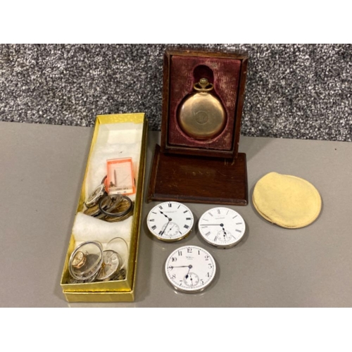 15 - Vintage pocket watch in wooden box & collection of pocket/wrist watch movements