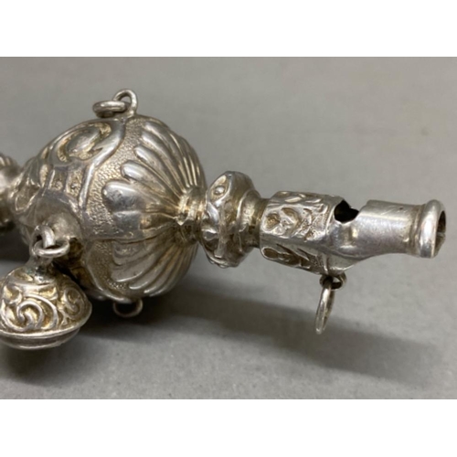 2 - Silver baby rattle and whistle 2 bells present and 2 missing Hilliard and Thompson Birmingham 1900 3... 