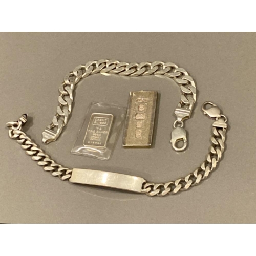 20 - Mixed lot of silver items in including fine silver bullion bar, ID & curb bracelet, 111.5G