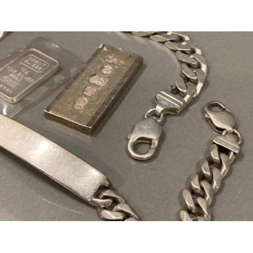 20 - Mixed lot of silver items in including fine silver bullion bar, ID & curb bracelet, 111.5G