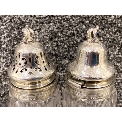 23 - Antique pair of silver topped glass sugar/condiment bottles, hallmarked London