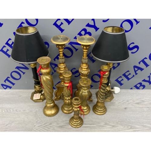 238 - 7x large gilt resin candle holders & pair of table lamps with shades