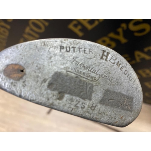 240 - Vintage Putter HB Medium “Imperial” golf club together with 3 handmade vintage branch walking sticks