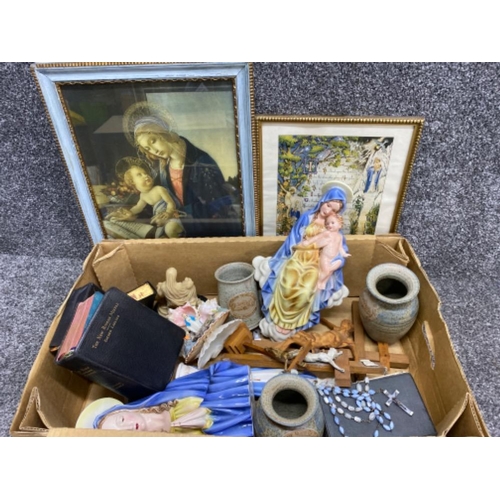 36 - Box lot containing a variety of religious items including Bibles, wooden crucifix’s, rosary beads, c... 