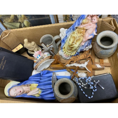 36 - Box lot containing a variety of religious items including Bibles, wooden crucifix’s, rosary beads, c... 