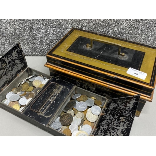 40 - Vintage metal deed box containing a large quantity of miscellaneous foreign coinage