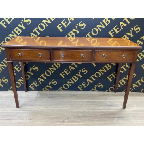 406 - Mahogany contemporary console table fitted with 3 drawers, 129x42cm, height 74cm