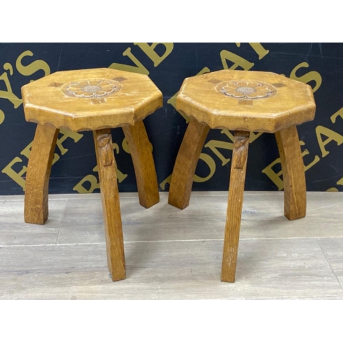 408 - Light Oak “Kingfisher Man” Handmade Arts & Crafts 3 legged Stools - with Yorkshire Rose