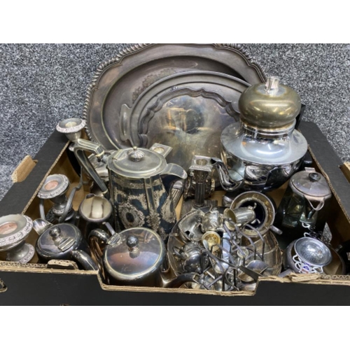 48 - Box containing a large quantity of silver plated items including trays, tea service, cruet set & can... 