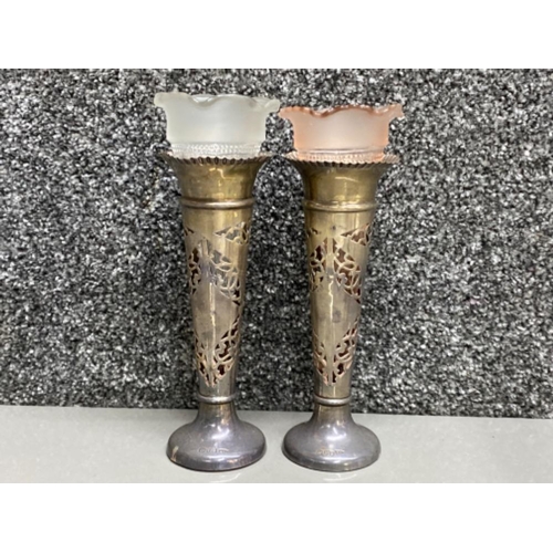 49 - Pair of hallmarked Chester silver bud vases, both with glass flute inserts, dated 1907, height 18cm