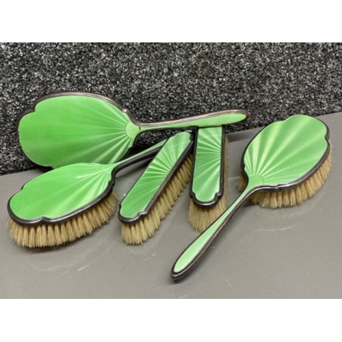 5 - Hallmarked Birmingham silver (1935) & green enamelled back Art Deco 5 piece dressing table brush set