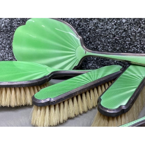 5 - Hallmarked Birmingham silver (1935) & green enamelled back Art Deco 5 piece dressing table brush set