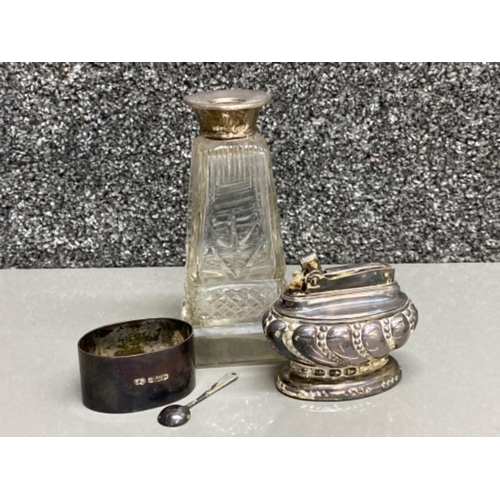 50 - Antique Hallmarked silver rimmed bottle together with silver napkin ring & small spoon, also include... 