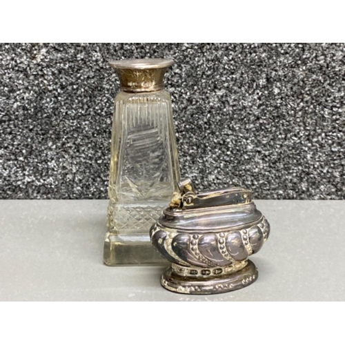 50 - Antique Hallmarked silver rimmed bottle together with silver napkin ring & small spoon, also include... 