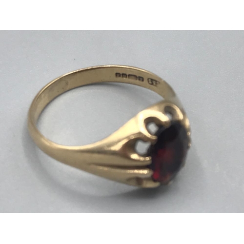 87 - 9ct gold gypsy set garnet ring size T , 3g