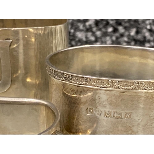 13 - 4x hallmarked silver napkin rings includes London 1978, Chester 1926 & 2x Birmingham 1955, also incl... 