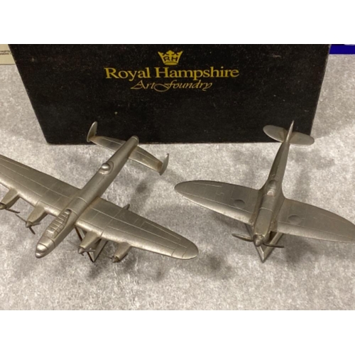 21 - Royal Hampshire Art Foundry pair of pewter model aircraft, includes Spitfire & Lancaster Bomber, in ... 