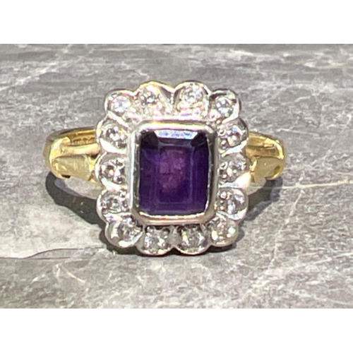 46 - Ladies 18ct gold amethyst and diamond cluster ring. 5.1g Size O