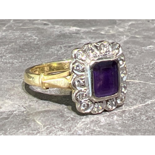 46 - Ladies 18ct gold amethyst and diamond cluster ring. 5.1g Size O