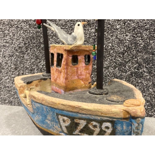 9 - Studio pottery trawler/fishing boat with seagull on top impressed seal but unable to read, Length 27... 