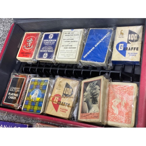 123 - Vinyl cassette case containing a total of 16 packs of playing cards, vintage & older