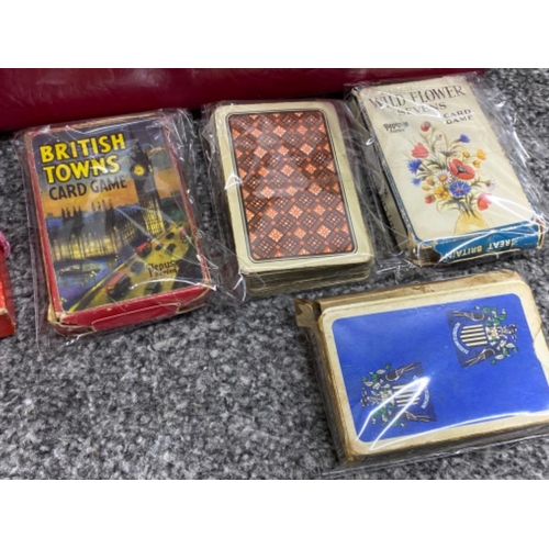 123 - Vinyl cassette case containing a total of 16 packs of playing cards, vintage & older