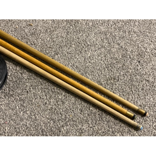 125 - Total of 3 pool cues, one with a carry case