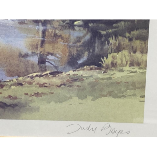 200 - Mahogany framed print signed bottom right Judy Boyes, titled waters edge “silver Howe from Rydal Wat... 