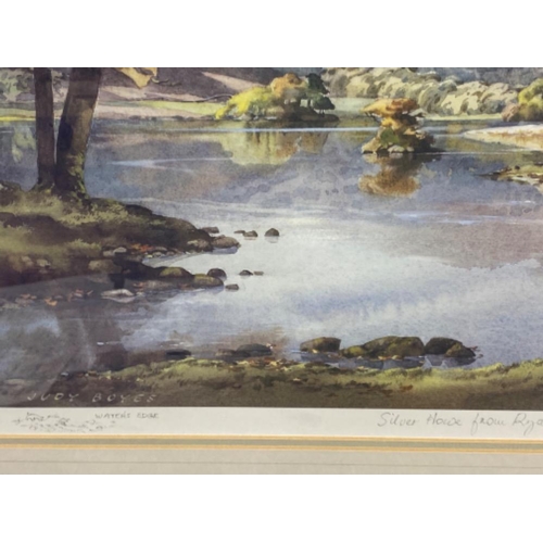 200 - Mahogany framed print signed bottom right Judy Boyes, titled waters edge “silver Howe from Rydal Wat... 