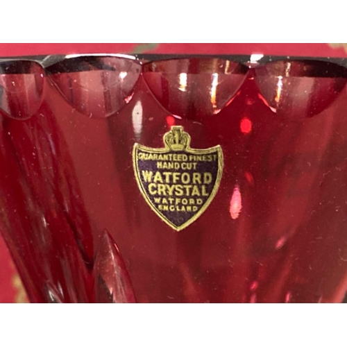 223 - 3 pieces of hand cut Watford Crystal “Ruby collection items” includes 2x vases & bowl, all with orig... 