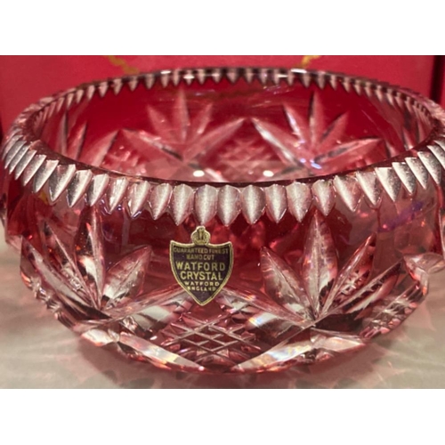 223 - 3 pieces of hand cut Watford Crystal “Ruby collection items” includes 2x vases & bowl, all with orig... 