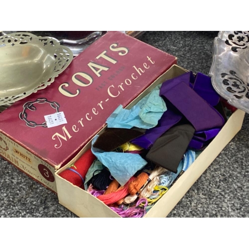 232 - Vintage Coats fast colour “Mercer-Crochet” sewing materials box together with metal trays & silver p... 