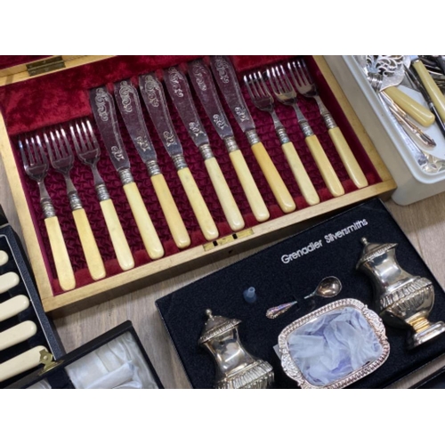 244 - Job lot of miscellaneous silver plated & stainless steel cutlery including a canteen, salt & pepper ... 