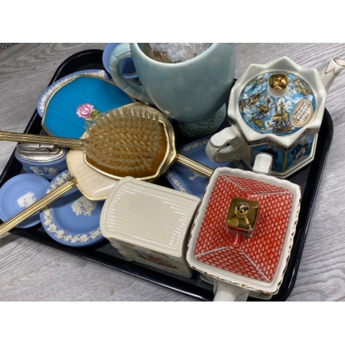 246 - tray lot of miscellaneous items including Bunnykins money box, vintage dressing table set & Wedgwood... 