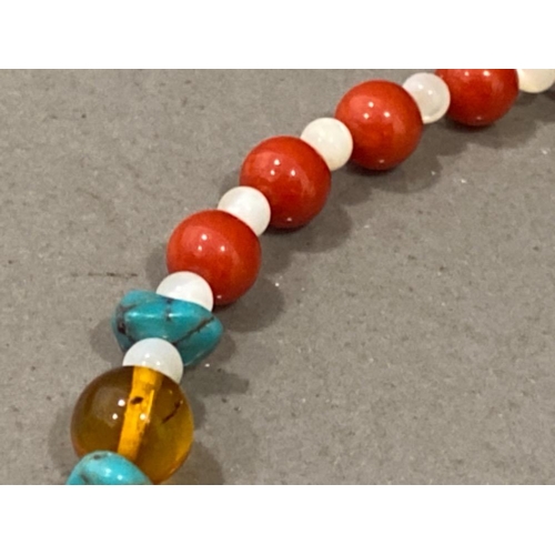 263 - Coral, turquoise & amber bead necklace with amber set butterfly pendant