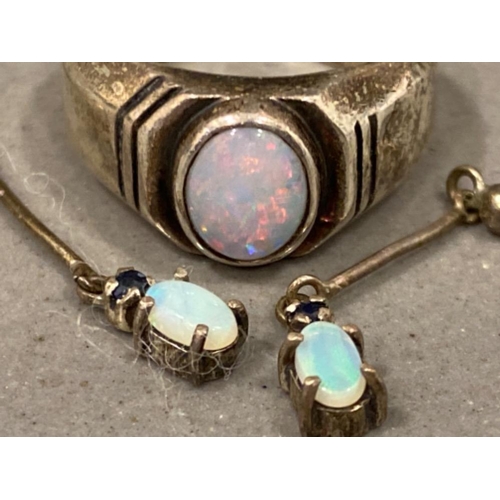 269 - Silver & Opal dress ring (size O) together with a pair of Opal, sapphires & silver drop earrings, 9.... 