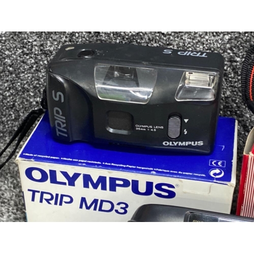 286 - 2x boxed cameras including Olympus Trip MD3 & Halina vision snapz 35mm compact camera, also includes... 