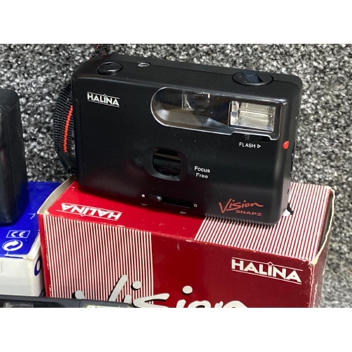 286 - 2x boxed cameras including Olympus Trip MD3 & Halina vision snapz 35mm compact camera, also includes... 