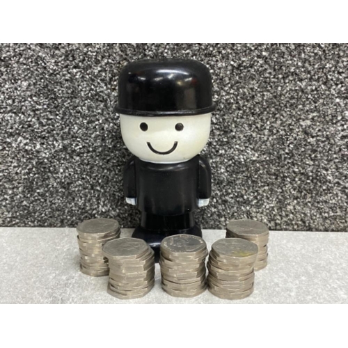 300 - Vintage Fred Bero flour man money box containing a total of 62 old 50p coins to include the ring of ... 