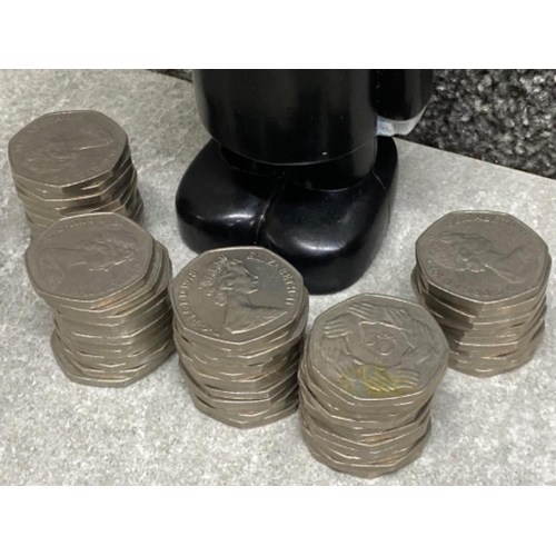 300 - Vintage Fred Bero flour man money box containing a total of 62 old 50p coins to include the ring of ... 