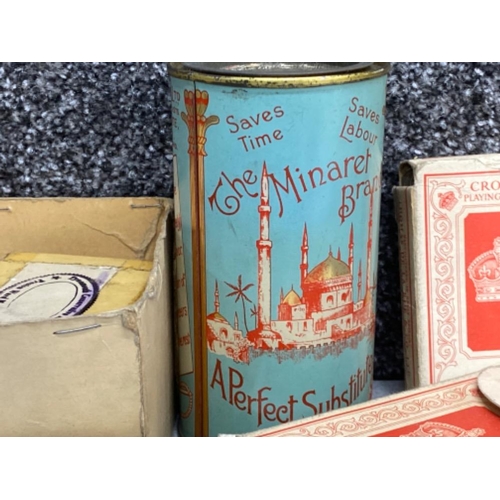 311 - 19 packs of Crown playing cards plus a tin of ball room floor polish “The Minaret Brand”