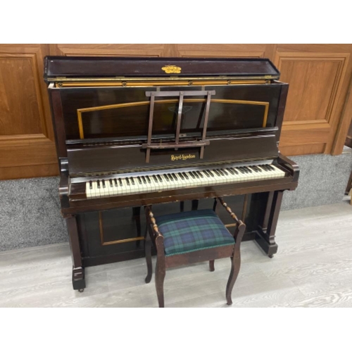 347 - Boyd-London upright “over-strung” piano with storage piano stool