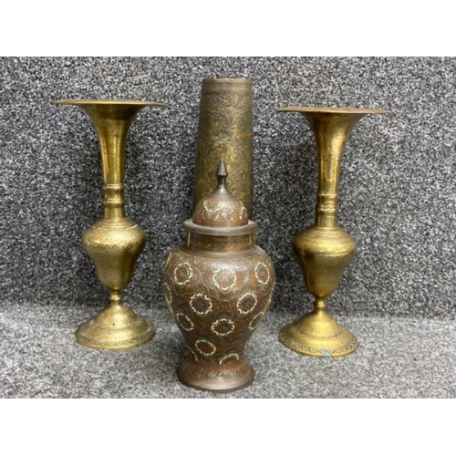 37 - 3 old Middle Eastern brass vases plus a old inlaid jar complete with lid