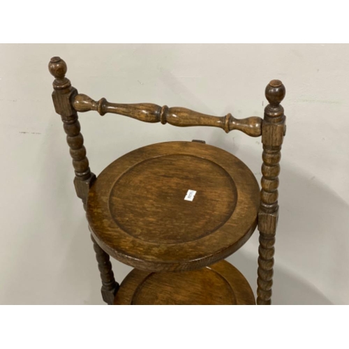 379 - Antique solid oak 3 tier folding cake stand with bobbin uprights