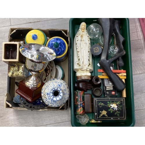 38 - Green tray & box of studio pottery religious figure, storage jars & carvings etc