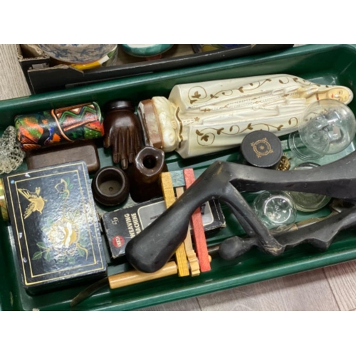 38 - Green tray & box of studio pottery religious figure, storage jars & carvings etc