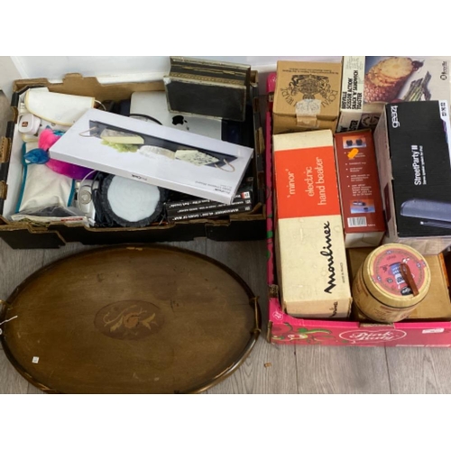 40 - 2 boxes of various miscellaneous boxed utensils, travel iron, food mixer, furby, laptop, iPad etc