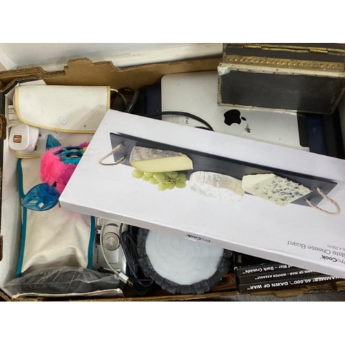 40 - 2 boxes of various miscellaneous boxed utensils, travel iron, food mixer, furby, laptop, iPad etc